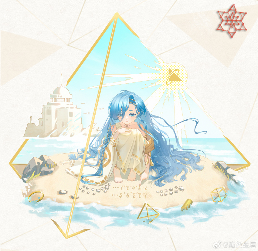 1girl, 37_(reverse:1999), absurdres, ancient_greek_clothes, bare_shoulders, beach, blue_eyes, blue_hair