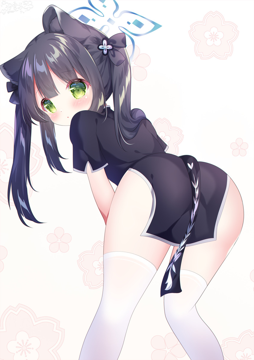 1girl, animal_ear_fluff, animal_ears, ass, black_dress, black_hair, blue_archive, blue_halo, blush, china_dress, chinese_clothes, dress, extra_ears, green_eyes, halo, hamiyamiko, highres, loli, long_hair, looking_at_viewer, looking_back, short_sleeves, shun_(blue_archive), shun_(small)_(blue_archive), solo, thighhighs, thighs, tiger_ears, tiger_girl, twintails, white_thighhighs