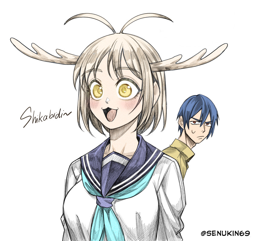 1boy, 1girl, :3, absurdres, antenna_hair, antlers, artist_name, blue_hair