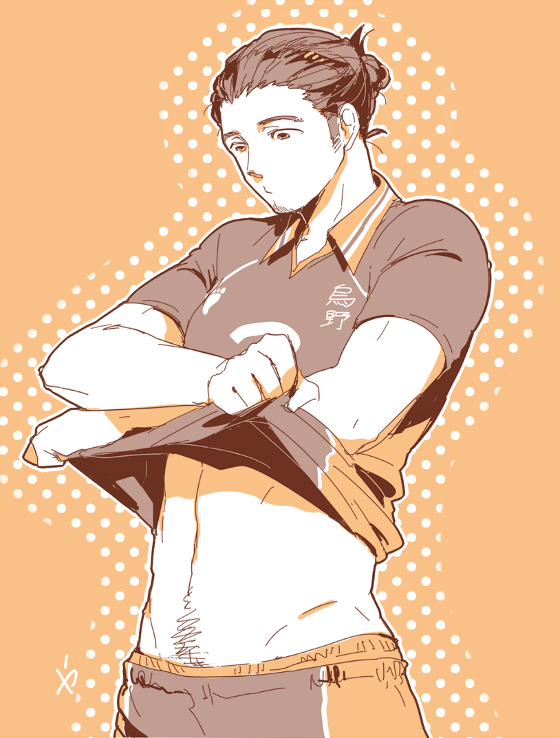 1boy, azumane_asahi, bara, black_shirt, brown_eyes, brown_hair, clothes_lift, collared_shirt