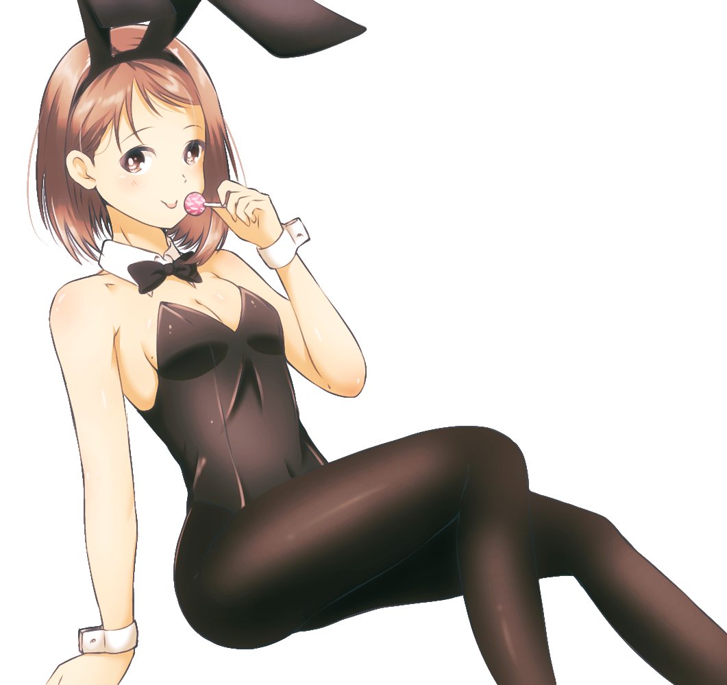1girl, 22/7, :p, animal_ears, asymmetrical_bangs, black_bow, black_bowtie, black_leotard