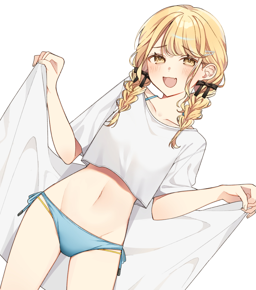 1girl, absurdres, bed_sheet, bikini, bikini_under_clothes, blonde_hair, blue_bikini, blush