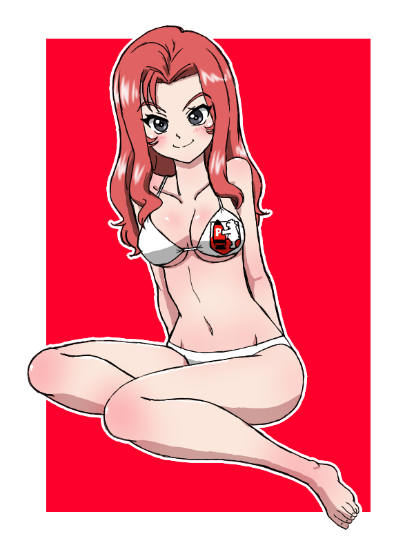 1girl, bikini, bonple_(emblem), breasts, cleavage, collarbone, commentary_request, girls_und_panzer