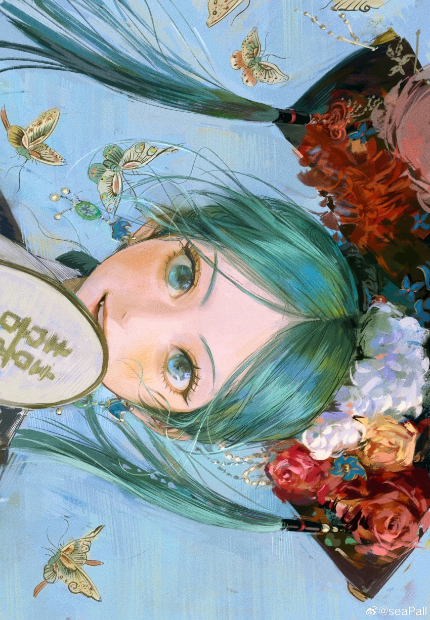 1girl, absurdres, aqua_eyes, aqua_hair, blue_background, bug, butterfly, china, chinese_clothes, double_happiness, earrings, flower, hair_flower, hair_ornament, hat, hat_flower, hatsune_miku, highres, insect, jewelry, liangbatou, long_hair, manchu_clothes, parted_lips, portrait, red_flower, seapall, sideways, smile, solo, vocaloid, white_flower, yellow_flower