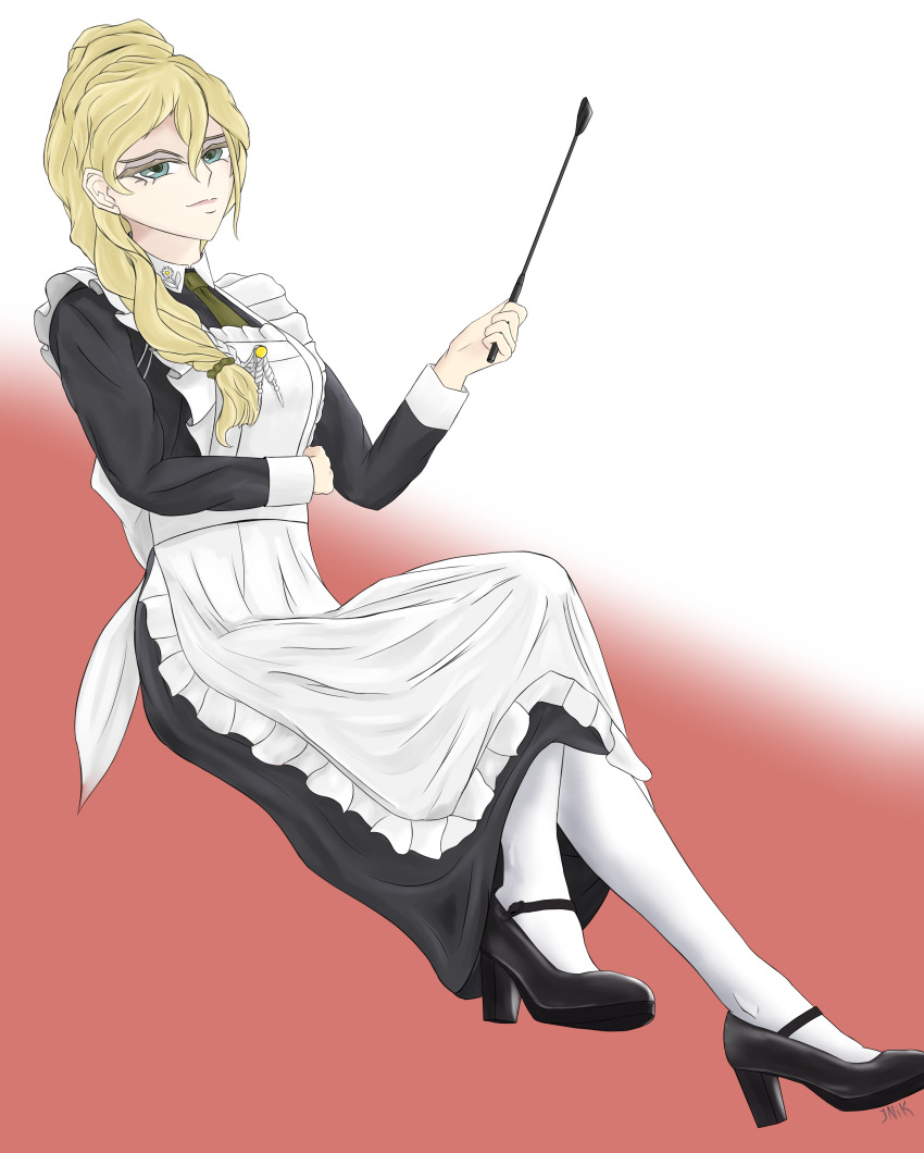 1girl, absurdres, apron, black_dress, black_footwear, blonde_hair, dress, flag_background, girls_und_panzer, hair_bun, high_heels, highres, jajka_(girls_und_panzer), jnik, maid, maid_apron, polish_flag, socks, whip, white_apron, white_socks
