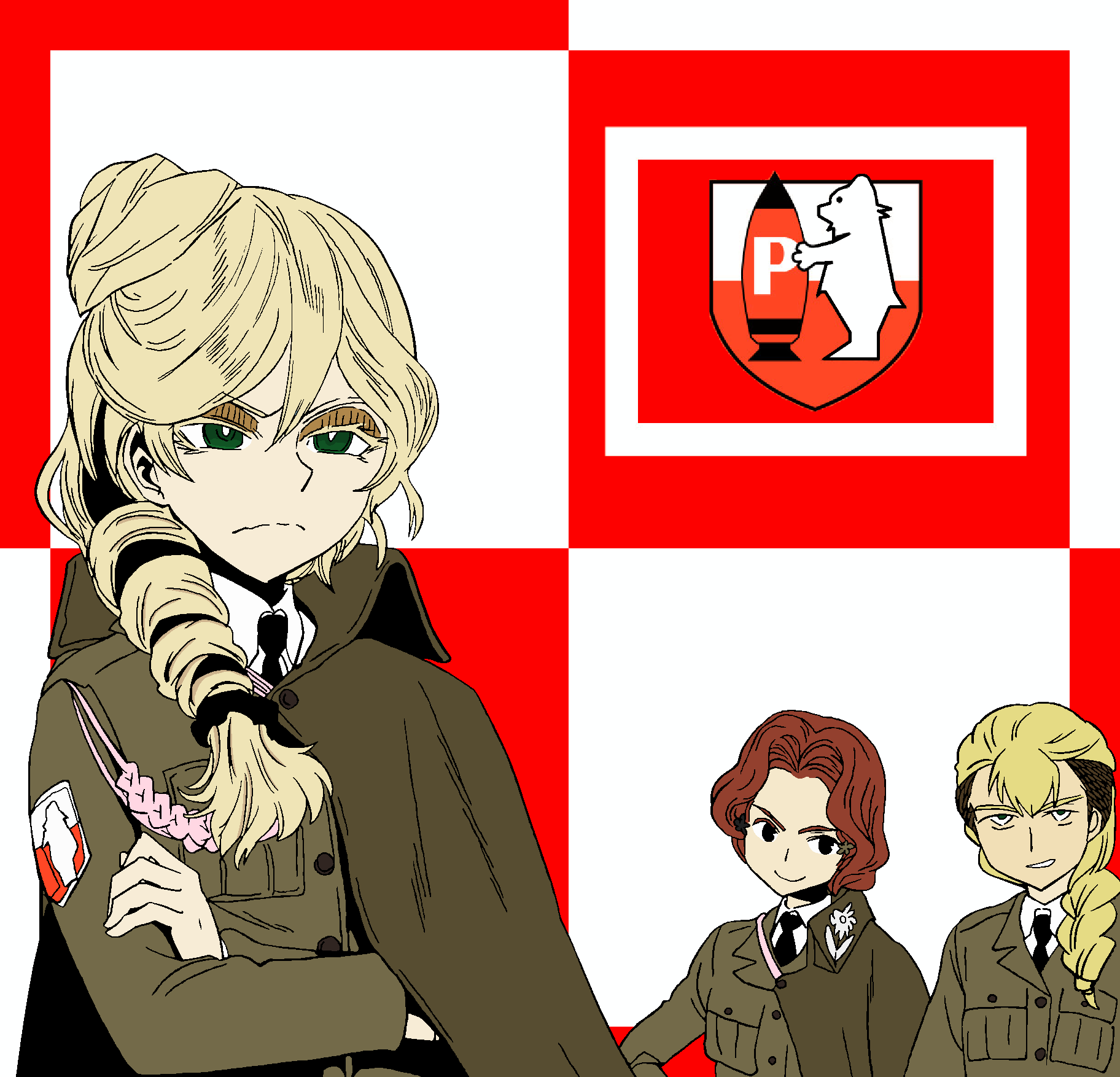 3girls, blonde_hair, bonple_(emblem), bonple_military_uniform, braid, cape, collared_shirt, flag_background