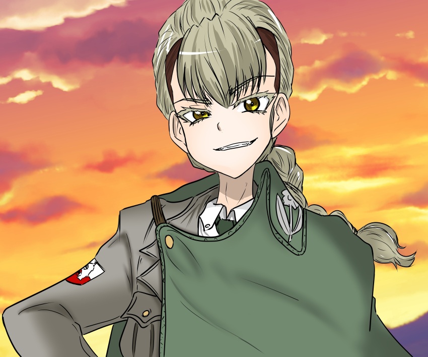 1girl, absurdres, blonde_hair, bonple_military_uniform, braid, cape, collared_shirt, girls_und_panzer