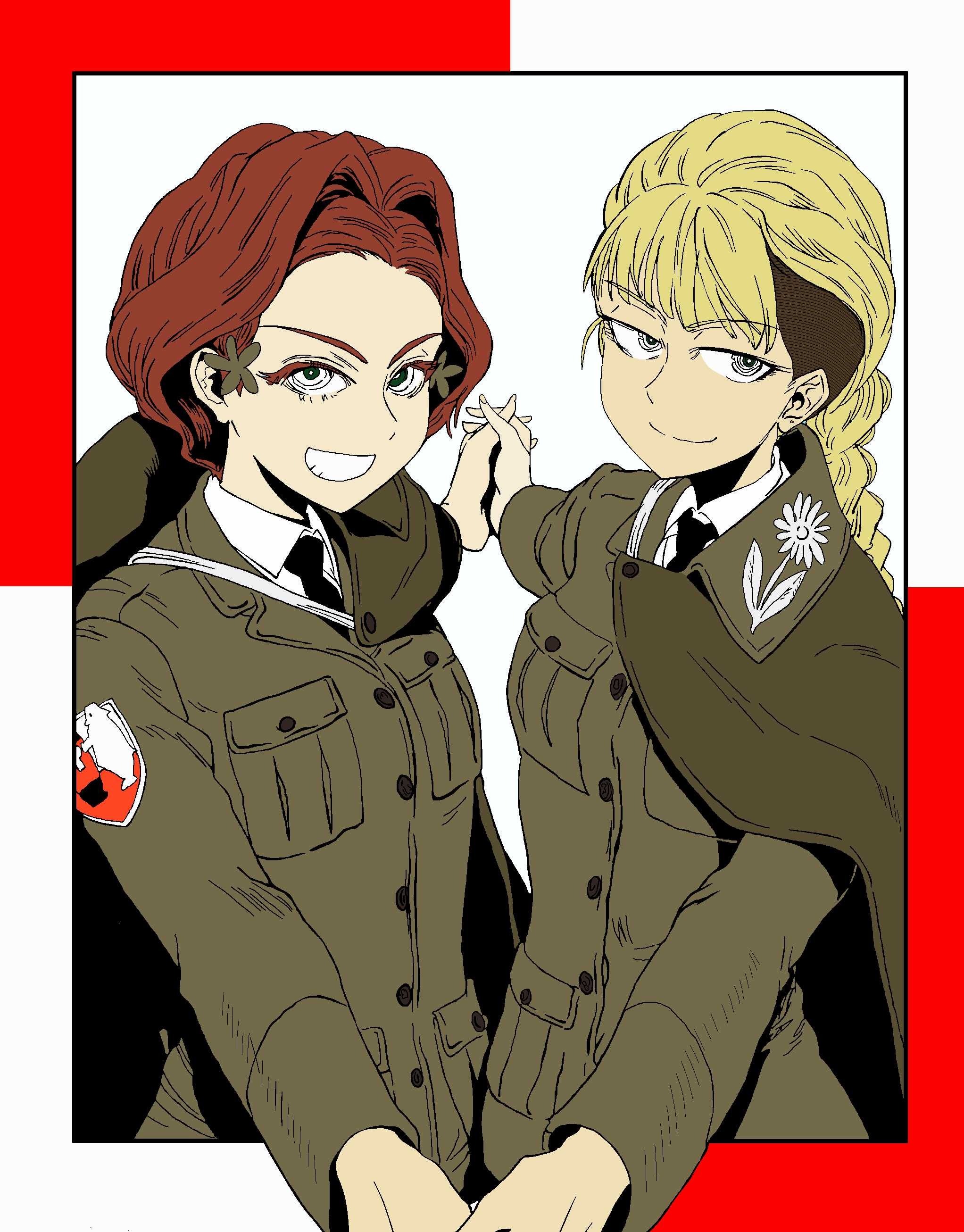 2girls, absurdres, blonde_hair, bonple_military_uniform, braid, cape, collared_shirt, girls_und_panzer, girls_und_panzer_ribbon_no_musha, green_cape, grey_cape, grey_eyes, grey_jacket, highres, jacket, long_hair, mirage3e, multiple_girls, pierogi_(girls_und_panzer), red_hair, shirt, uszka_(girls_und_panzer)
