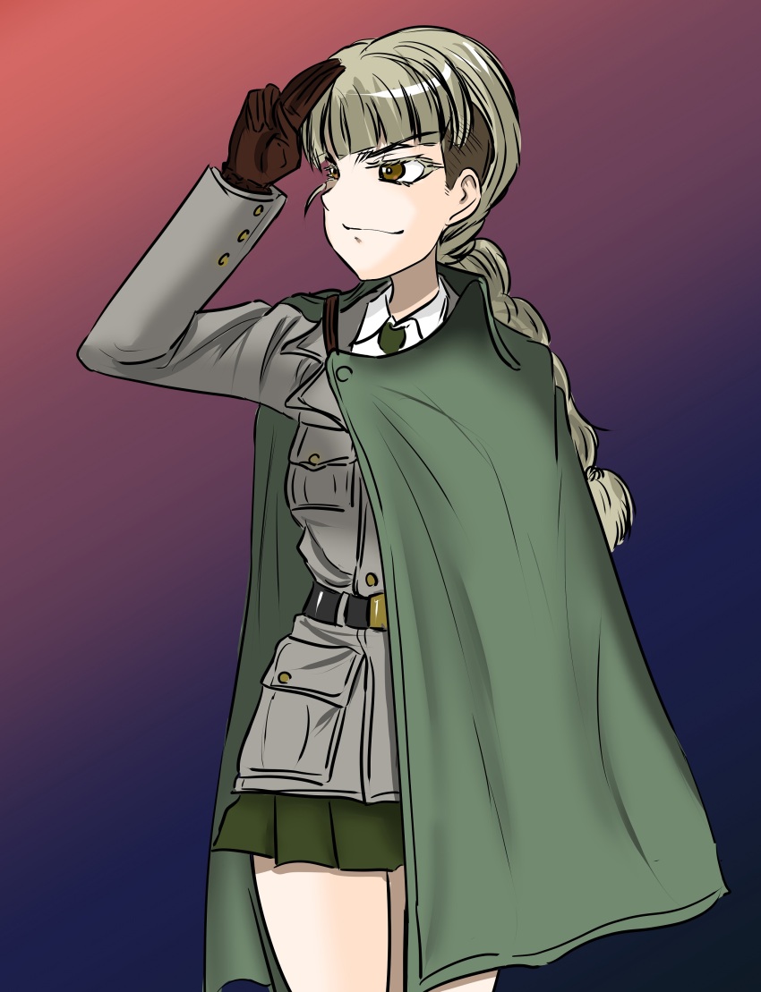 1girl, absurdres, blonde_hair, bonple_military_uniform, braid, cape, collared_shirt, girls_und_panzer