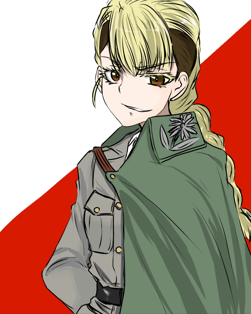 1girl, absurdres, blonde_hair, bonple_military_uniform, braid, cape, collared_shirt, girls_und_panzer