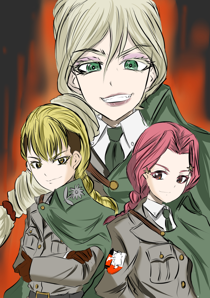 3girls, absurdres, blonde_hair, bonple_military_uniform, braid, cape, collared_shirt, girls_und_panzer