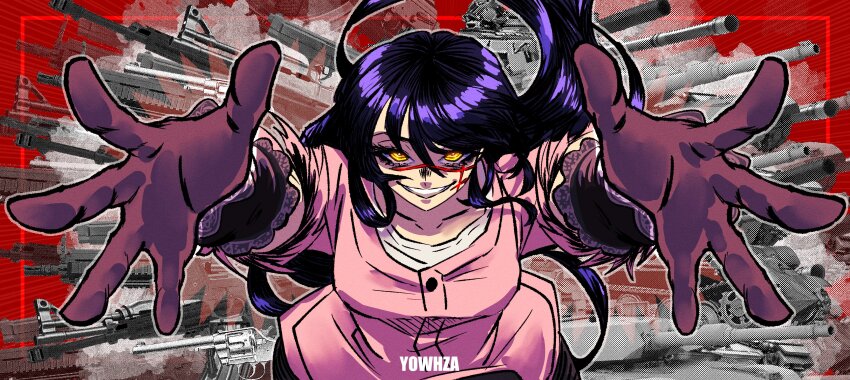 1girl, absurdres, black_hair, chainsaw_man, cross_scar, facial_scar, gloves, gun