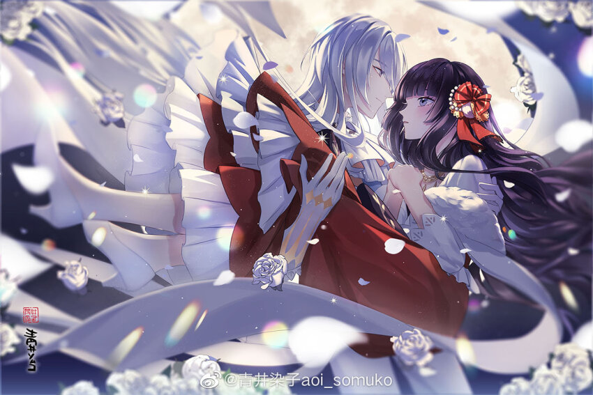 1boy, ascot, black_hair, black_shirt, blunt_bangs, blurry, blush, bow