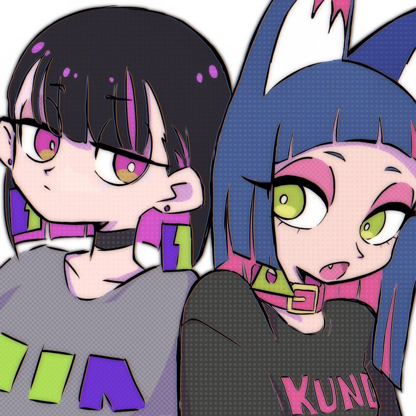 2girls, :o, animal_ears, black_choker, black_hair, blue_hair, cat_ears, cat_girl, choker, clothes_writing, colored_inner_hair, earrings, expressionless, green_eyes, grey_shirt, highres, jewelry, kung-fu-piggy, loku, looking_at_another, multicolored_hair, multiple_girls, nira-chan, open_mouth, pink_eyes, sammy_(kung-fu-piggy), shirt, triangle_earrings, upper_body, zutto_mayonaka_de_ii_no_ni