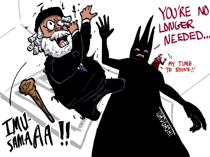 !, !!, 3boys, beard, crown, death, english_text, facial_hair