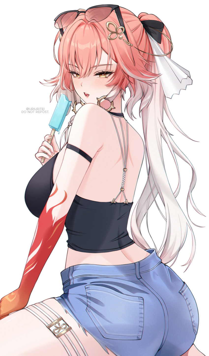 1girl, alternate_costume, armpit_crease, bare_shoulders, black_bow, black_shirt, blush, bow