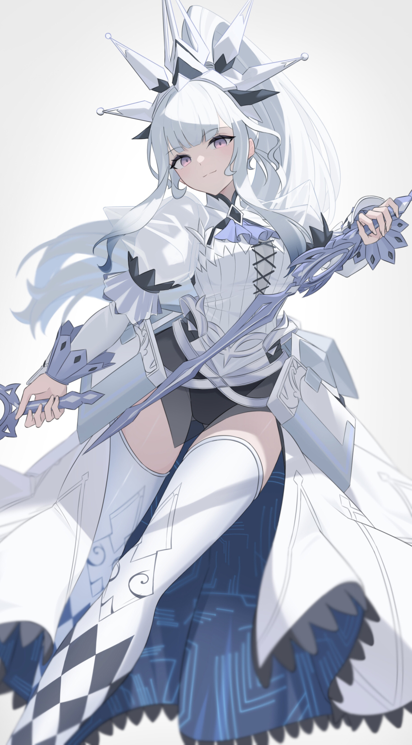 1girl, absurdres, blunt_bangs, breasts, contrapposto, dress, duel_monster, grey_hair, heichi, highres, holding, holding_sword, holding_weapon, leotard, maliss_<q>_white_binder, ponytail, purple_eyes, rapier, solo, standing, sword, thighhighs, weapon, white_dress, white_hair, white_thighhighs, yu-gi-oh!, zettai_ryouiki