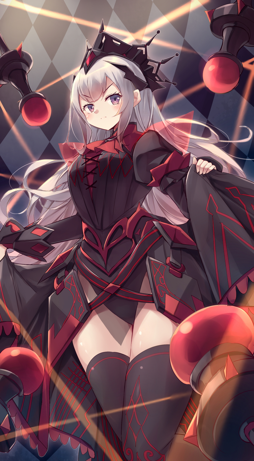 1girl, absurdres, black_dress, black_leotard, black_thighhighs, breasts, cowboy_shot, crown, dress, duel_monster, grey_hair, highres, kanzakietc, large_breasts, leotard, long_hair, looking_at_viewer, maliss_<q>_red_ransom, purple_eyes, solo, thighhighs, yu-gi-oh!