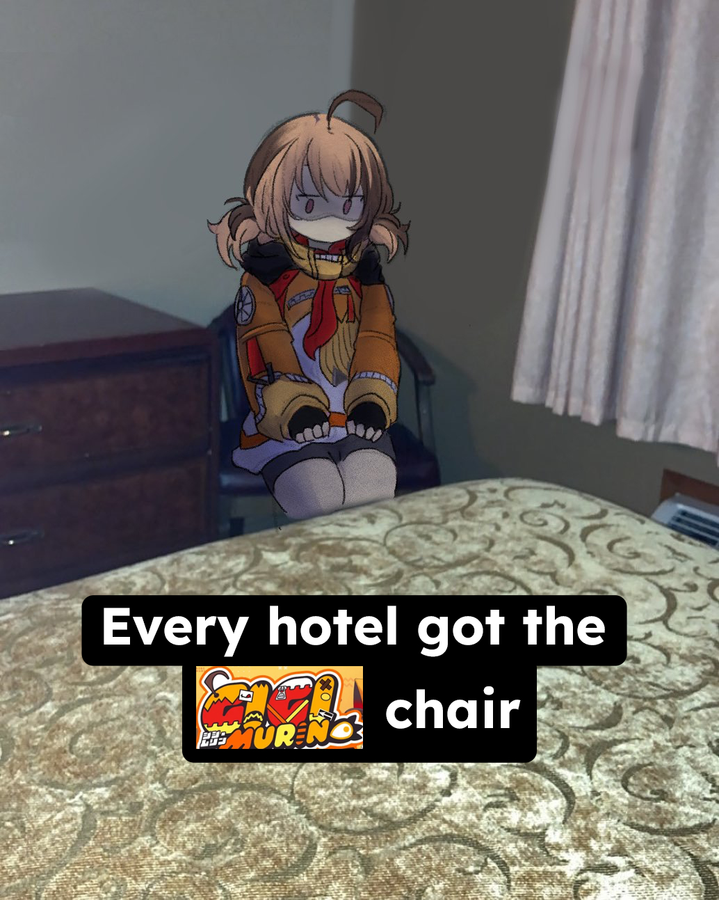 1girl, ahoge, armchair, bed, black_gloves, black_shorts, brown_eyes, brown_hair, chair, chest_of_drawers, commentary, cuck_chair_(meme), curtains, english_commentary, english_text, expressionless, gigi_murin, gigi_murin_(1st_costume), gloves, heater, highres, hololive, hololive_english, hotel_room, huge_ahoge, indoors, jfffe20, long_hair, long_sleeves, meme, multicolored_hair, orange_shrug, second-party_source, shorts, shrug_(clothing), sitting, solo, two-tone_hair, two_side_up, virtual_youtuber