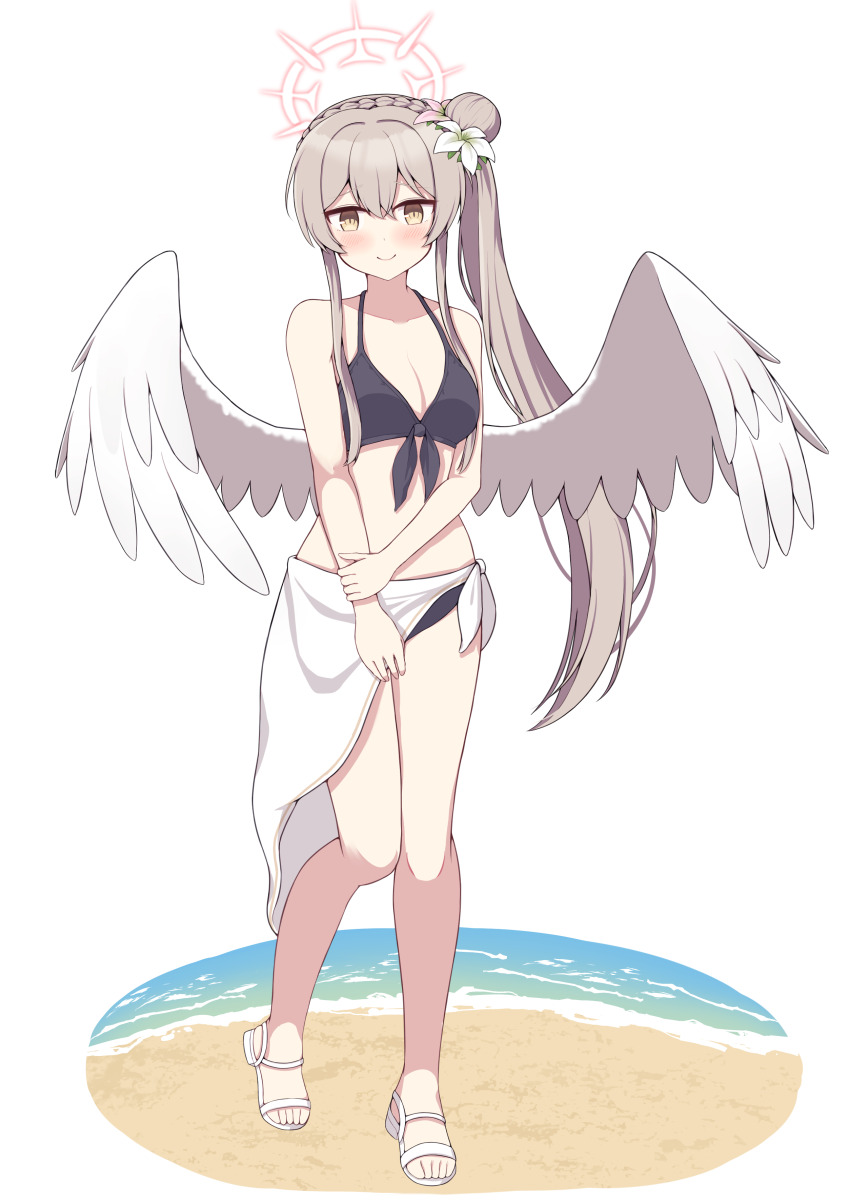 1girl, absurdres, angel, angel_wings, beach, bikini, black_bikini, blue_archive, breasts, full_body, halo, highres, kominato_haru, looking_at_viewer, midriff, nagisa_(blue_archive), ocean, sarong, smile, solo, swimsuit, white_background, wings