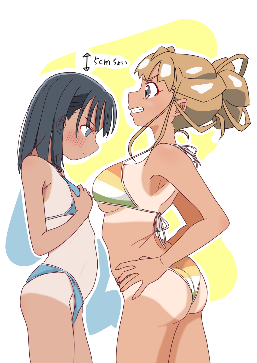 2girls, absurdres, ass, bare_arms, bare_shoulders, bikini, bikini_tan, black_hair, blue_bikini, blue_eyes, blush, breast_contest, breast_envy, breasts, brown_hair, closed_mouth, commentary_request, cowboy_shot, eniwa_shii, face-to-face, from_side, green_bikini, grey_eyes, grin, groin, hair_bun, hands_on_own_breasts, hands_on_own_hips, height_difference, highres, large_breasts, long_hair, miyake_hinata, mole, mole_under_eye, multicolored_bikini, multiple_girls, no_pupils, one-piece_tan, orange_bikini, profile, sideboob, sin_rg, single_hair_bun, small_breasts, smile, sora_yori_mo_tooi_basho, striped_bikini, striped_clothes, super_cub, swimsuit, tan, tanline, teeth, white_bikini, yellow_bikini