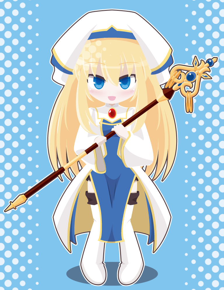 blonde_hair, blue_eyes, boots, chibi, full_body, goblin_slayer!, holding, holding_staff, looking_at_viewer, priestess, priestess_(goblin_slayer!), robe, smile, staff, thigh_boots, thighhighs, white_robe, yosu_(surume-ika), zettai_ryouiki