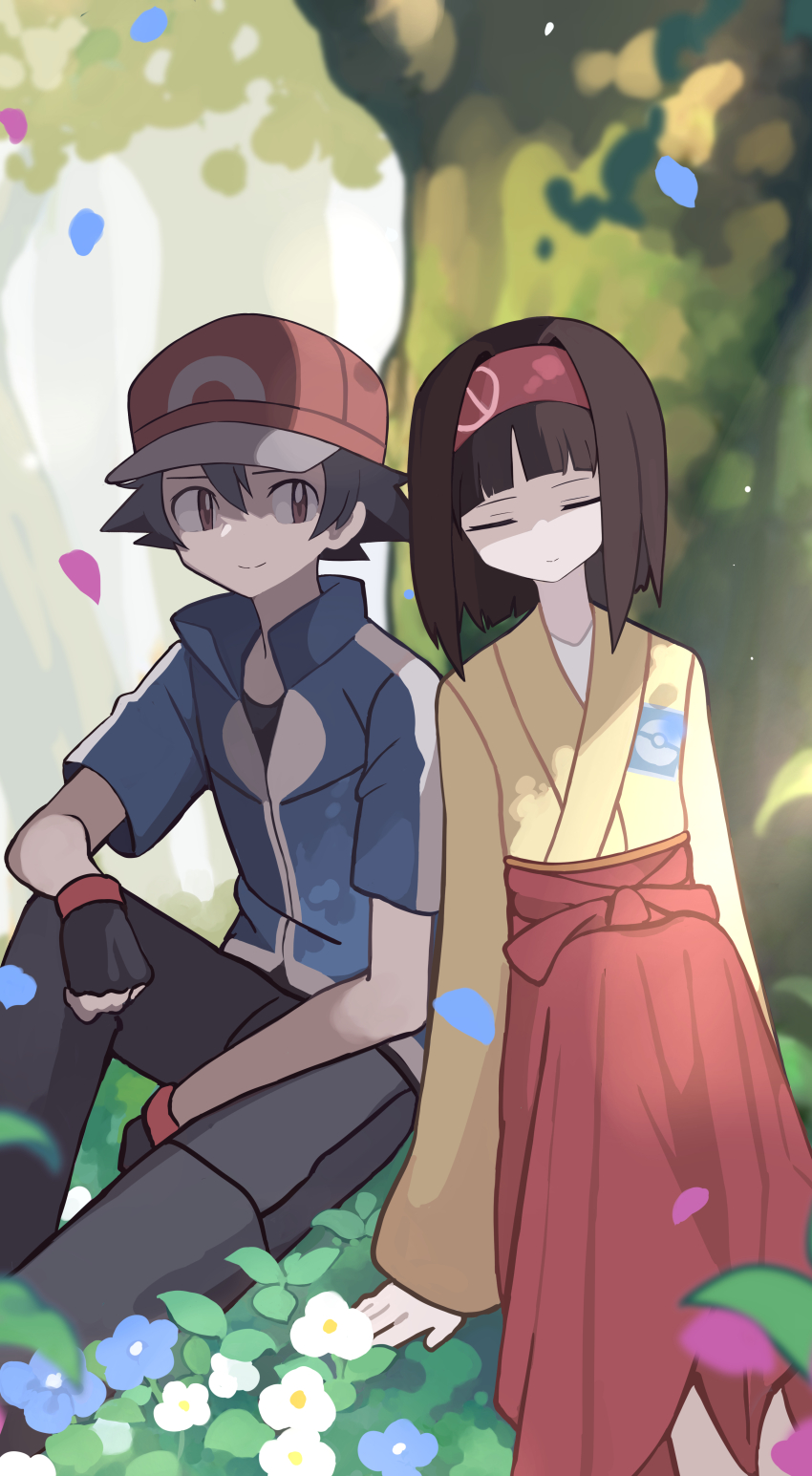 1boy, 1girl, absurdres, ash_ketchum, baseball_cap, black_gloves, black_hair, blue_flower