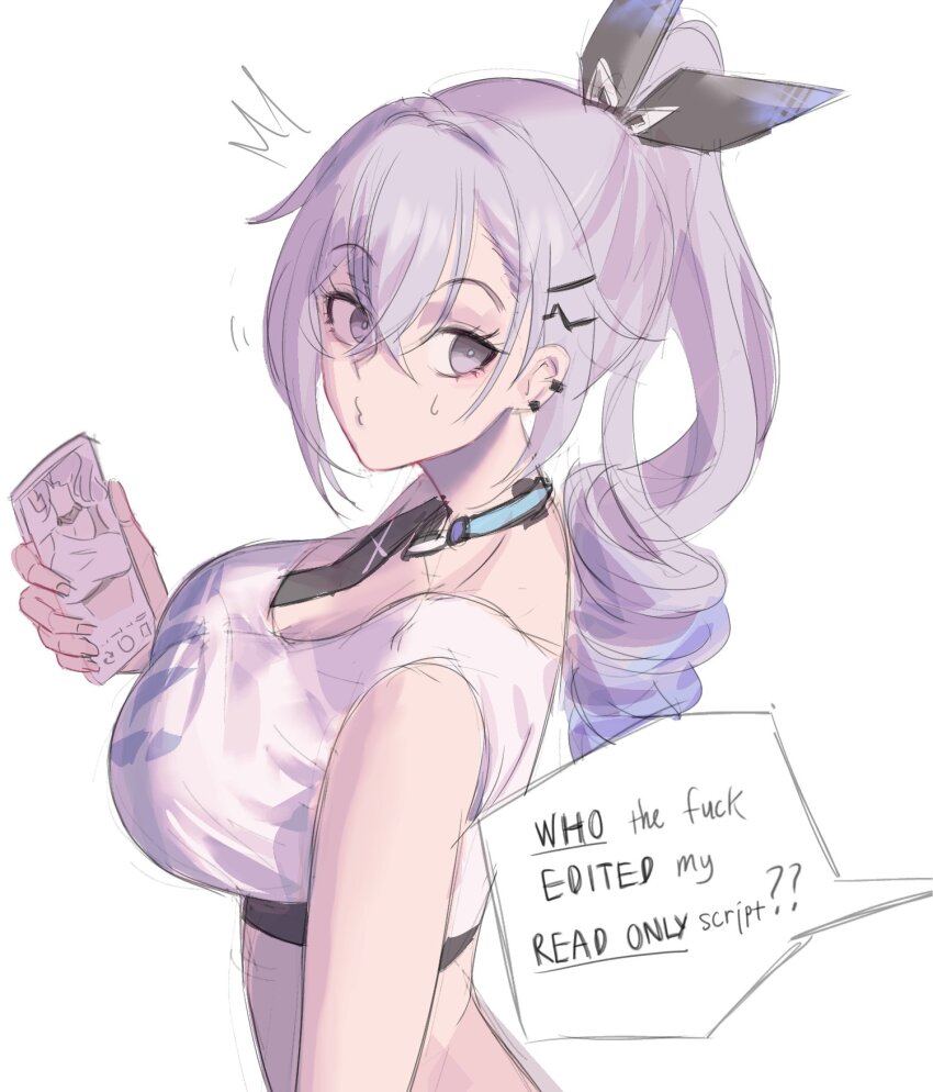 1girl, ^^^, alternate_breast_size, breasts, cellphone, crop_top, drill_hair, english_text