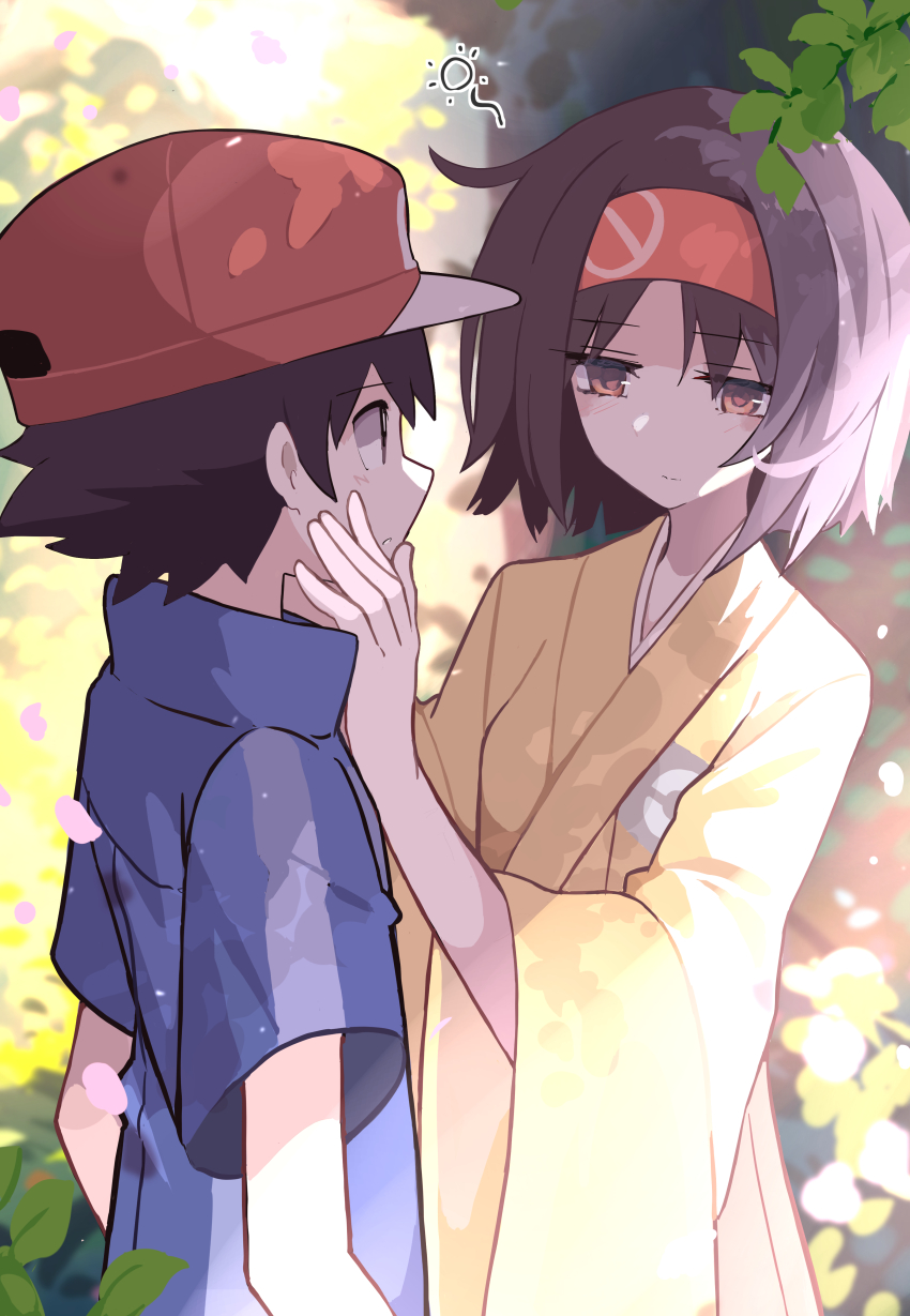 1boy, 1girl, absurdres, age_difference, ash_ketchum, baseball_cap, black_hair, blue_shirt