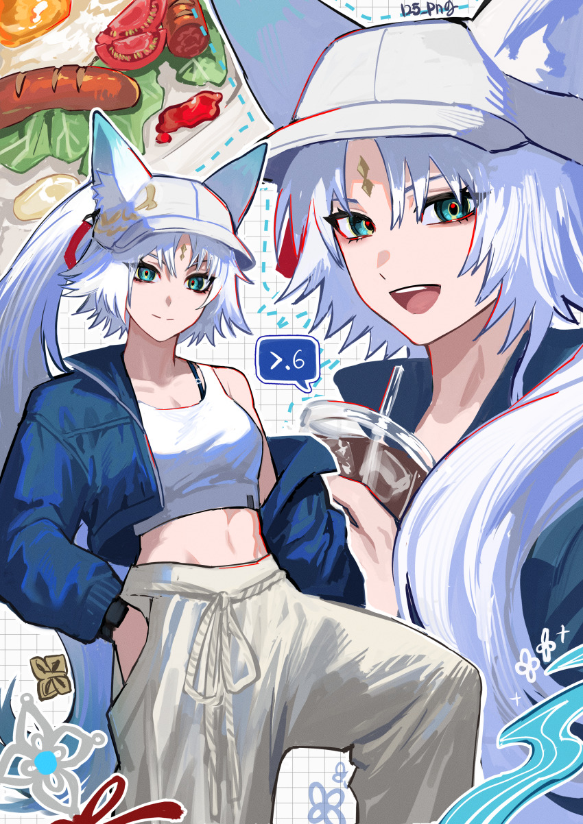 1girl, :d, absurdres, animal_ears, aqua_eyes, baseball_cap, blue_jacket, commentary