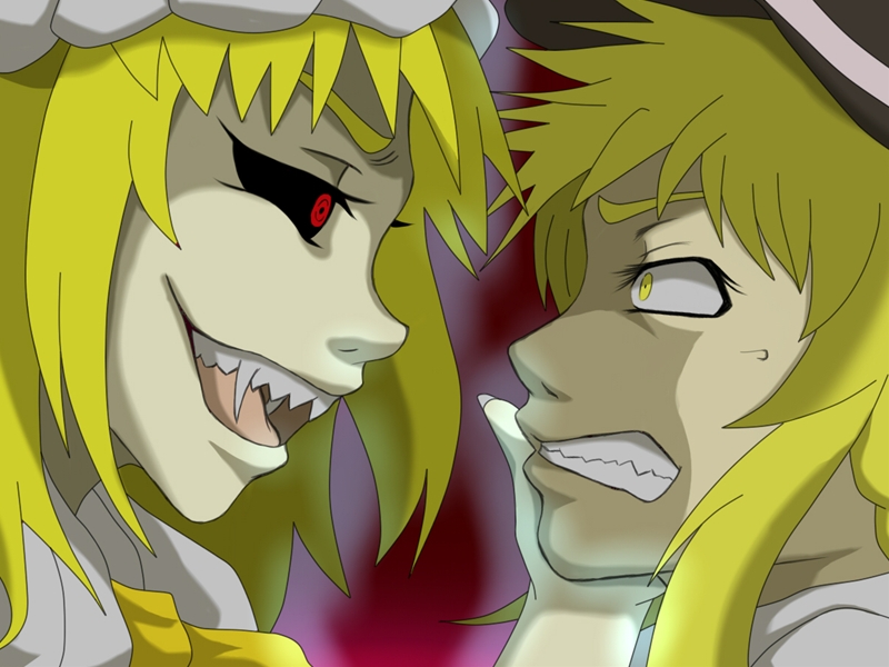 2girls, ascot, black_sclera, blonde_hair, braid, colored_sclera, fangs, female_focus, flandre_scarlet, hat, kirisame_marisa, long_hair, multiple_girls, red_eyes, scared, smile, touhou, vampire, yellow_eyes, yokohamakinta