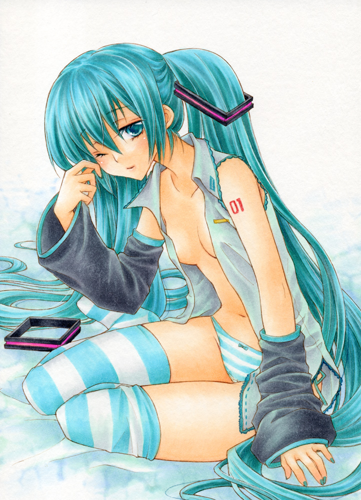 1girl, aoi_yuuka_(ao_no_kokoro), aqua_eyes, aqua_hair, female_focus, hatsune_miku, long_hair, navel, no_pants, one_eye_closed, open_clothes, open_shirt, panties, shirt, sitting, sleepy, solo, striped_clothes, striped_panties, striped_thighhighs, thighhighs, twintails, underwear, very_long_hair, vocaloid, wince, wink, yokozuwari