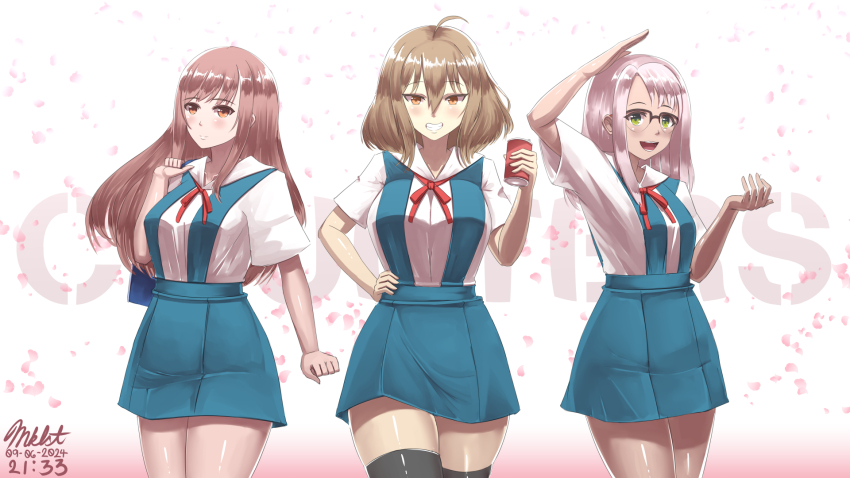 3girls, ahoge, anis_(nikke), black_thighhighs, blue_skirt, breasts, brown_eyes, brown_hair, counters_(nikke), glasses, goddess_of_victory:_nikke, green_eyes, hair_between_eyes, highres, large_breasts, long_hair, looking_at_viewer, maikeruexe, multiple_girls, neck_ribbon, neon_(nikke), neon_genesis_evangelion, pink_hair, rapi_(nikke), red_ribbon, ribbon, school_uniform, shirt, short_hair, short_sleeves, skirt, smile, standing, suspender_skirt, suspenders, thighhighs, tokyo-3_middle_school_uniform, white_shirt