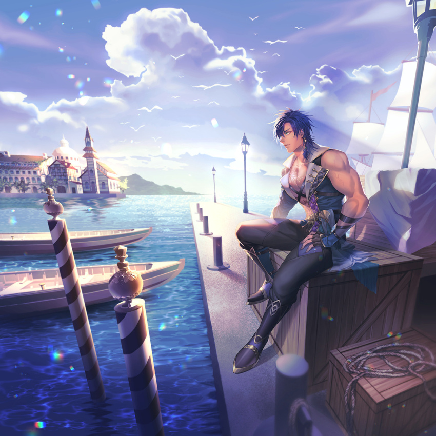 1boy, abs, bare_arms, black_boots, black_gloves, black_pants, blue_eyes, blue_hair