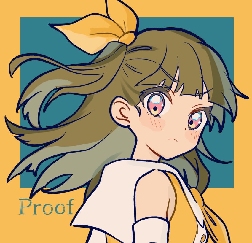 >:(, 1girl, absurdres, blue_background, blush, border, brown_hair, center-flap_bangs