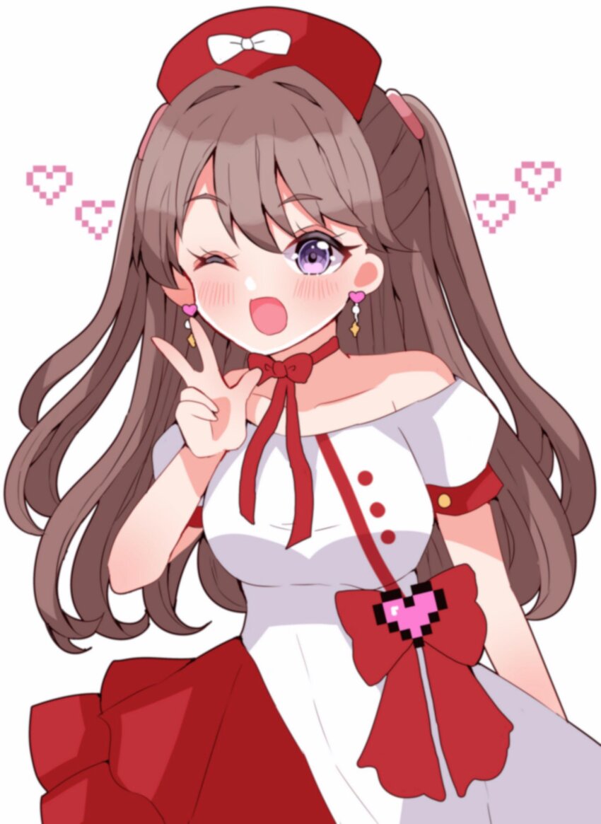 1girl, ;d, ametan_(meteo_impact), blush, bow, breasts, brown_hair, choker