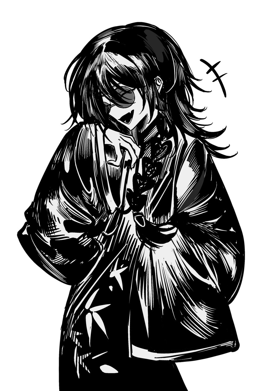 +++, absurdres, artist_request, braid, chinese_commentary, closed_eyes, commentary_request, commission, fang, greyscale, high_contrast, highres, long_hair, long_sleeves, lu_mi, male_focus, monochrome, open_mouth, round_eyewear, second-party_source, side_braid, simple_background, single_braid, single_sleeve_past_fingers, skin_fang, smile, sunglasses, touqi_guaitan, upper_body, white_background, wide_sleeves