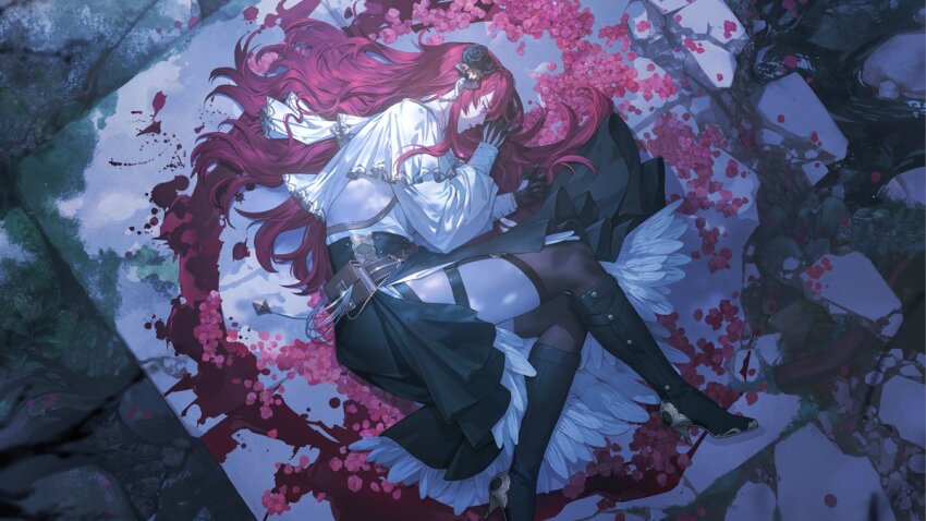 1boy, androgynous, belt, belt_pouch, black_boots, black_flower, black_gloves, black_rose