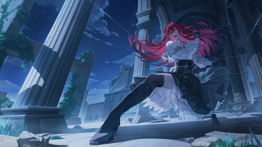 1boy, androgynous, arch, belt, belt_pouch, black_boots, black_gloves, black_skirt, black_thighhighs, boots, brooch, brown_belt, chinese_commentary, clenched_hands, clothing_cutout, cloud, commentary_request, crossdressing, crossdressing_(mtf), earrings, fighting_stance, flower, foreshortening, full_body, garter_straps, gloves, grass, hair_between_eyes, hair_flower, hair_ornament, high-waist_skirt, high_heel_boots, high_heels, holding, holding_string, hyasha_(noctilucent), jewelry, knee_boots, layered_sleeves, legs_apart, long_hair, long_sleeves, looking_ahead, male_focus, mandarin_collar, night, noctilucent:_before_dawn, open_mouth, pillar, pouch, puffy_long_sleeves, puffy_sleeves, pulling, purple_eyes, red_hair, rock, ruins, ryleeart00, serious, shadow, shirt, short_over_long_sleeves, short_sleeves, side_cutout, side_slit, skirt, sky, solo, standing, string, thighhighs, v-shaped_eyebrows, white_shirt