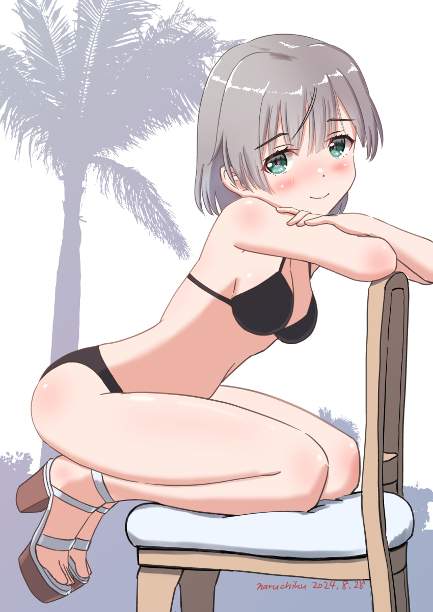 1girl, bikini, black_bikini, blush, breasts, cleavage, closed_mouth, dated, green_eyes, high_heels, highres, looking_at_viewer, medium_breasts, naruchiku_(naruchikukai), palm_tree, sanya_v._litvyak, short_hair, signature, smile, solo, strike_witches, swimsuit, tree, white_hair, world_witches_series