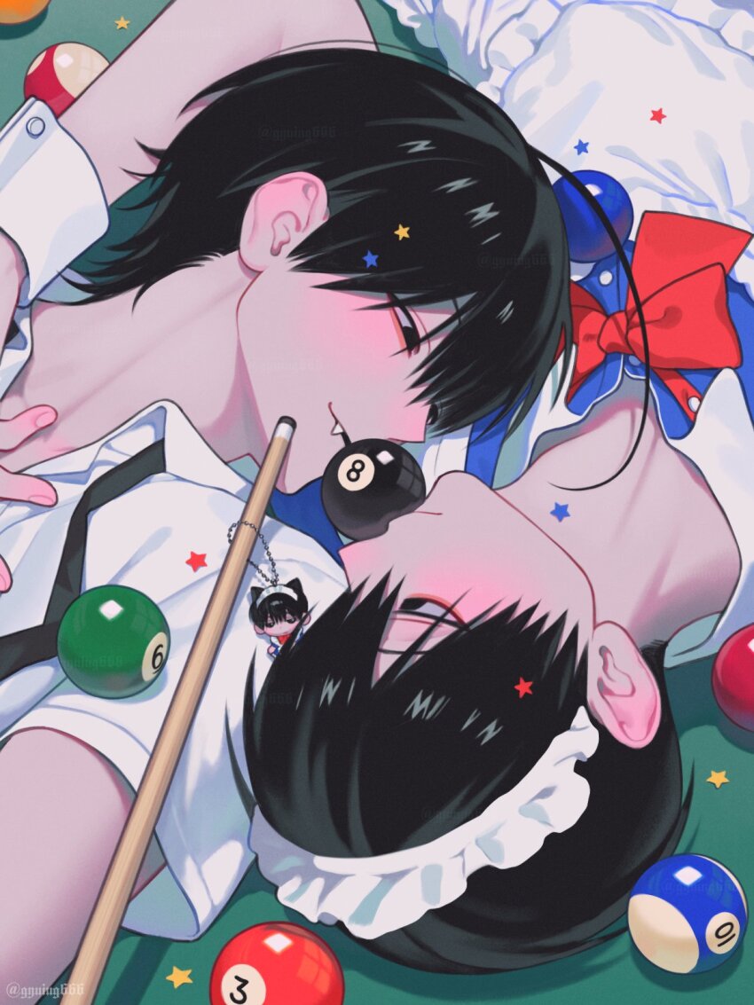 2boys, ahoge, apron, ball, billiard_ball, billiard_chalk, black_eyes, black_hair