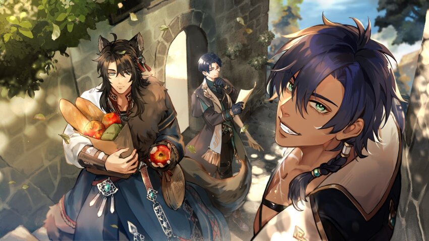 3boys, :t, ahoge, animal_ears, apple, aqua_eyes, arm_out_of_sleeve, bag