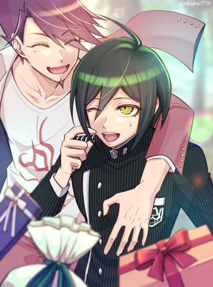 2boys, :d, ahoge, arm_around_shoulder, black_hair, black_jacket, box, breast_pocket