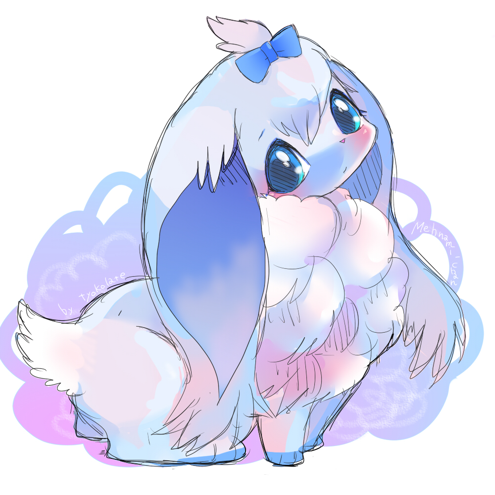 animal_ears, animal_focus, blue_bow, blue_eyes, blue_fur, blush, bow, commentary_request