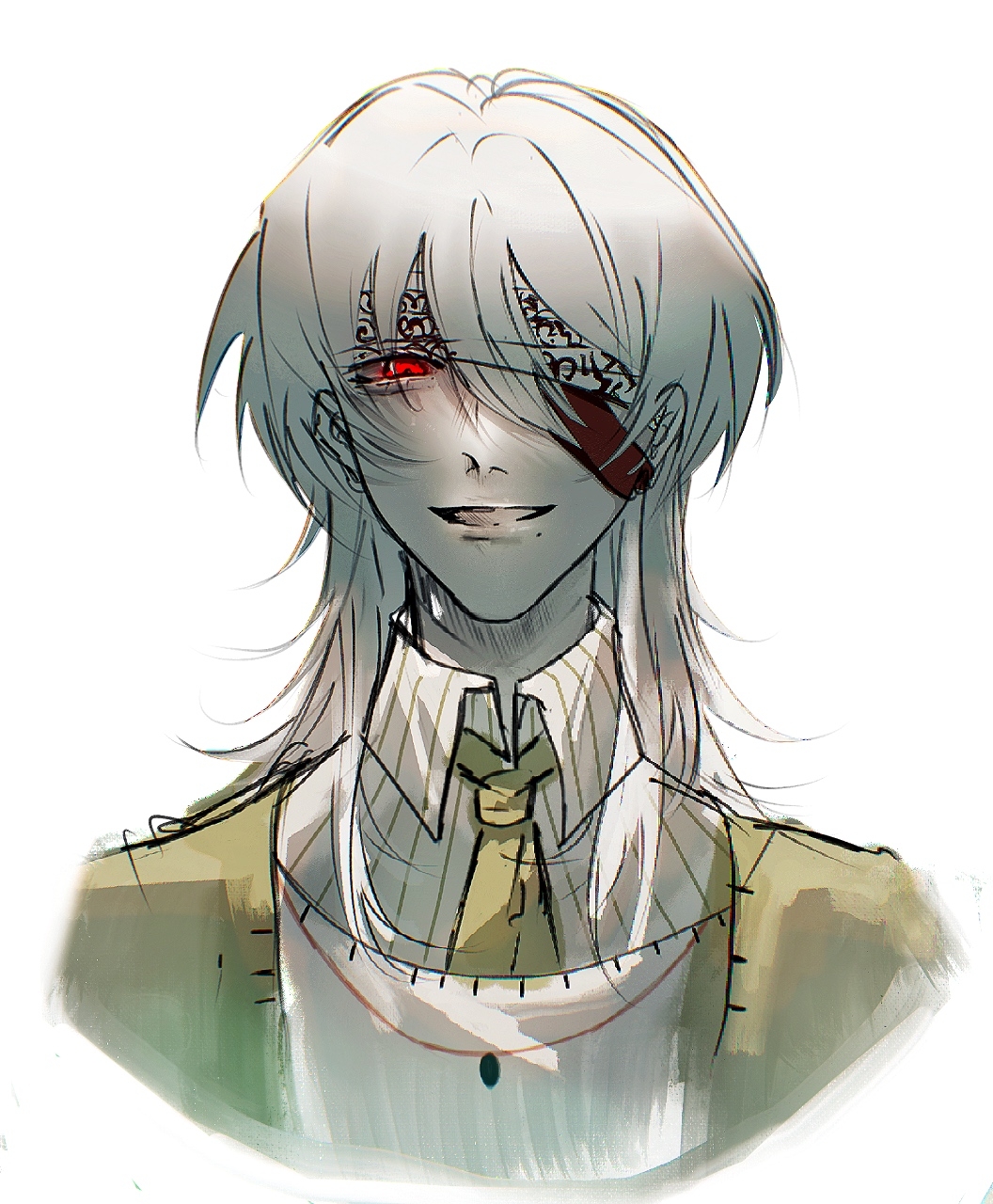 1boy, bandage_over_one_eye, cardigan, chinese_commentary, collared_shirt, commentary_request, cropped_shoulders, highres