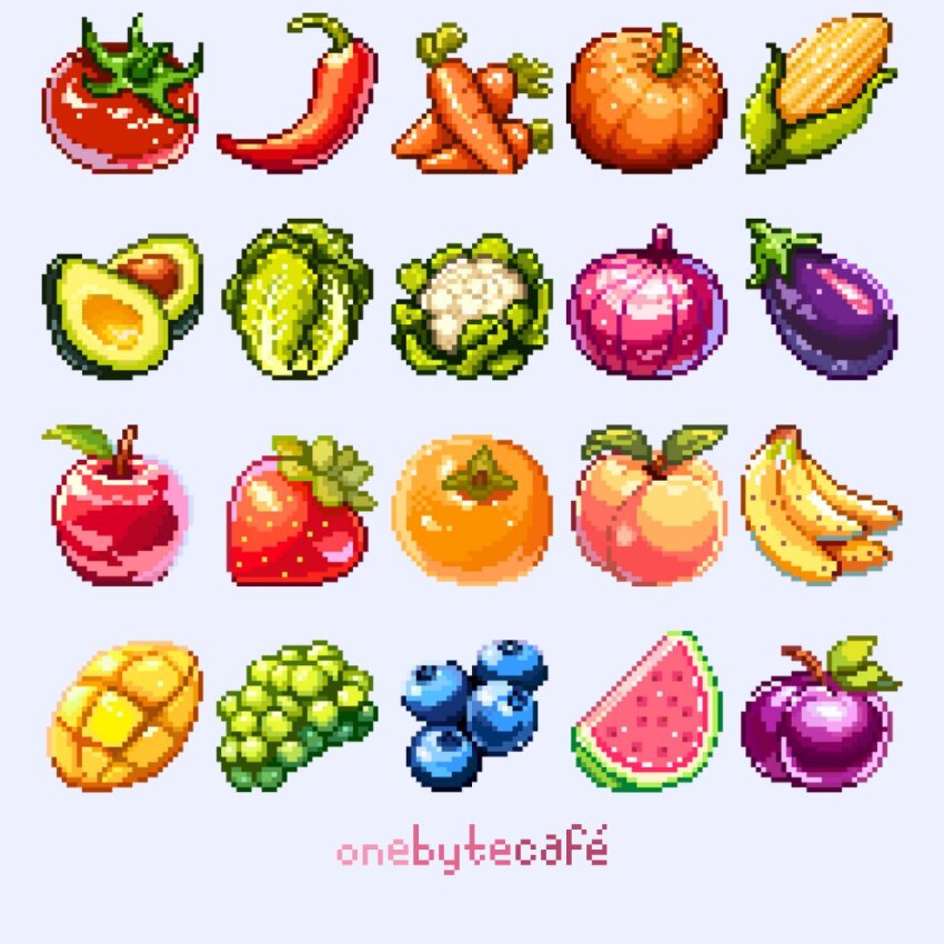 apple, artist_name, avocado, banana, blue_background, blueberry, carrot, cauliflower