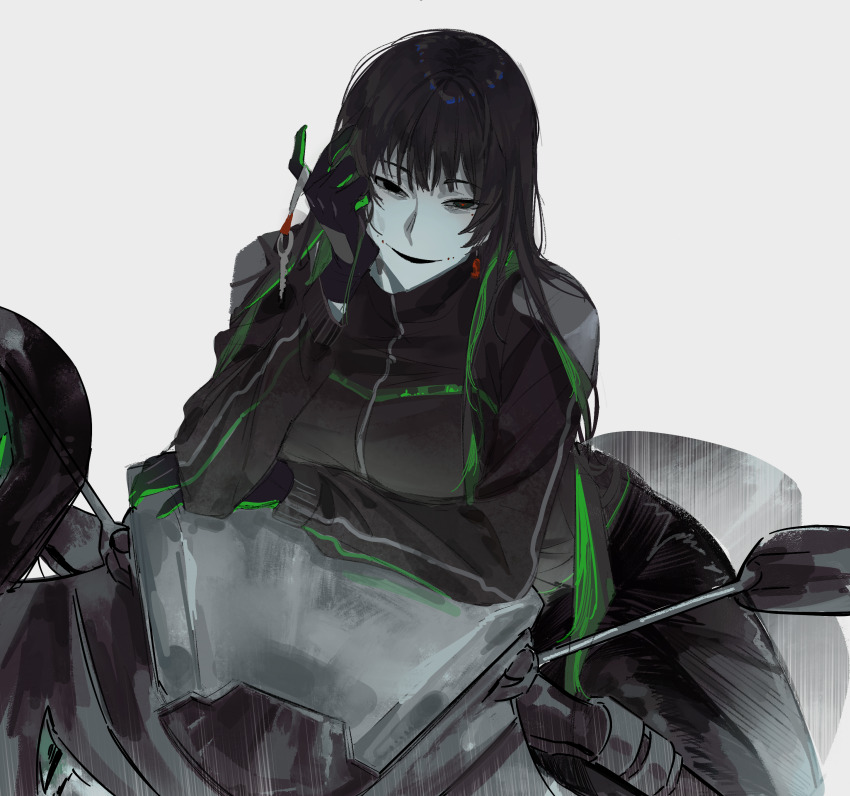 1girl, absurdres, black_eyes, black_gloves, black_hair, black_jacket, black_pants, breasts