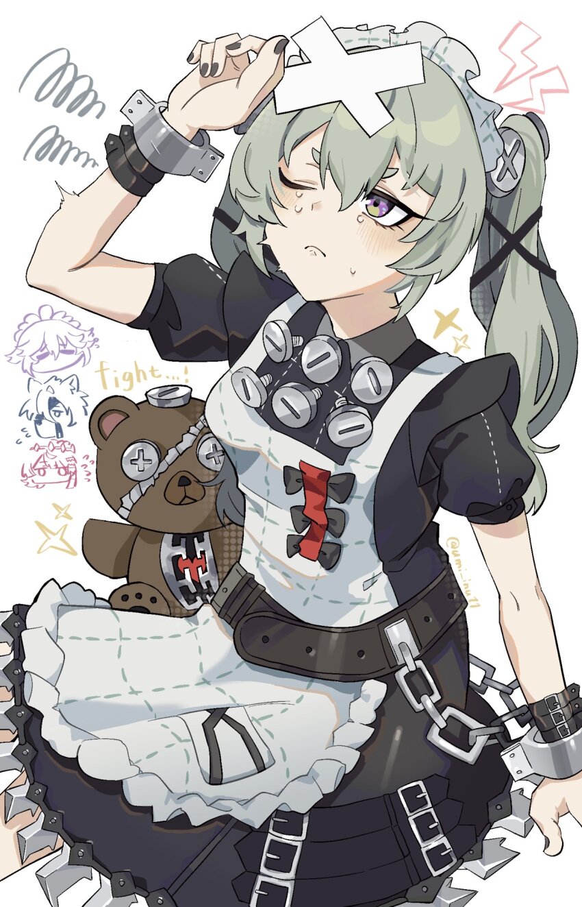 1girl, alexandrina_sebastiane, black_dress, corin_wickes, cowboy_shot, dress, ellen_joe, green_hair