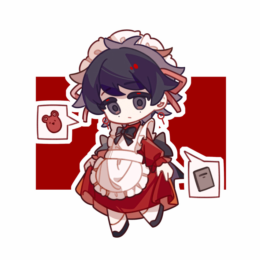 1boy, :/, alternate_costume, apron, back_bow, black_eyes, black_hair, black_shoes