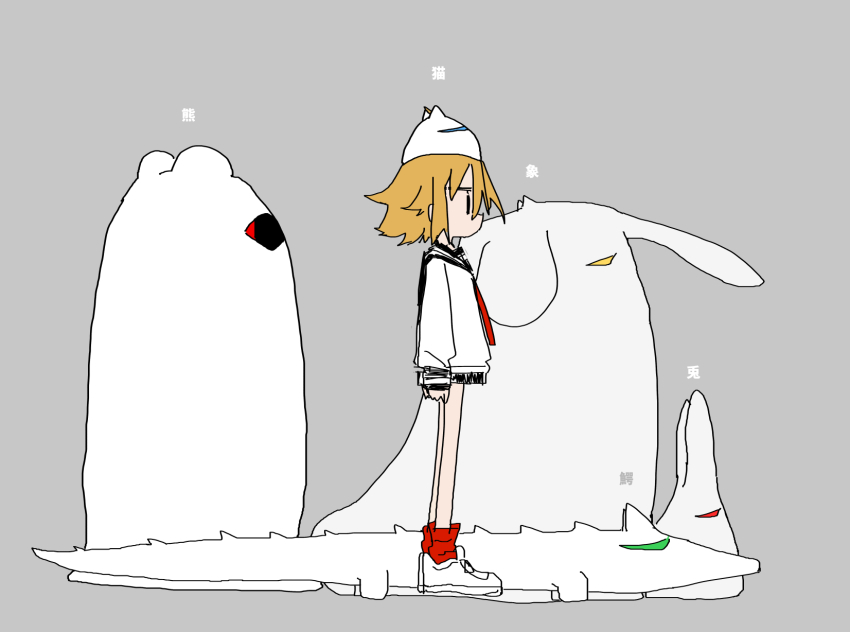 1girl, arms_at_sides, black_eyes, black_skirt, blonde_hair, creature, creature_on_head, expressionless